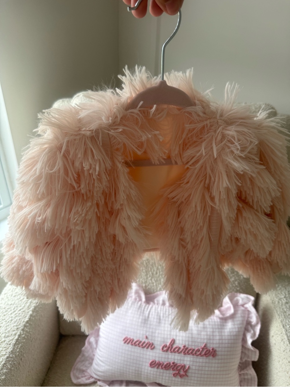SHEIN Kids Feather-Trim Cropped Jacket - Blush Pink